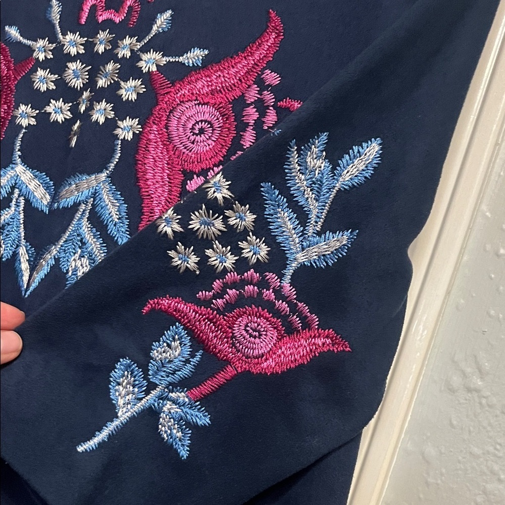 Zara Faux Suede Dark Blue Blouse with Pink and Blue Embroidery- Size Small - Picture 4 of 5